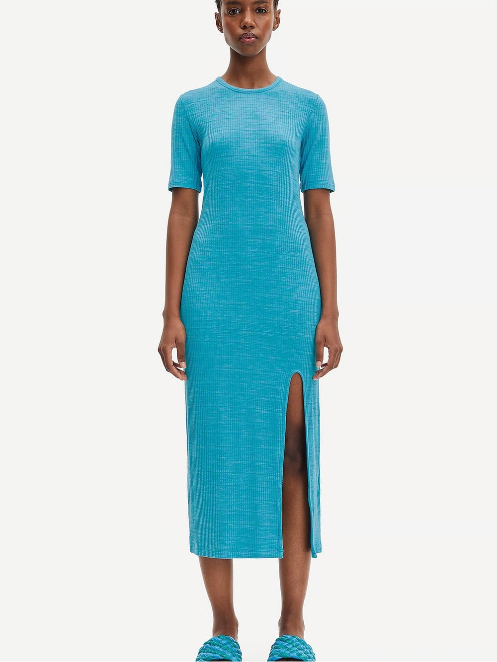 Samsoe Sz L Hidle Ribbed Aqua Space Dye Blue Casual Midi Dress